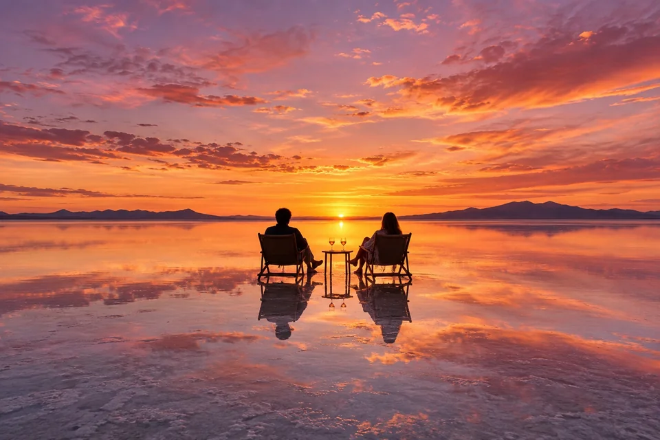 Mirror salt flat reflecting sunset with two wine glasses and silhouettes; visualisation