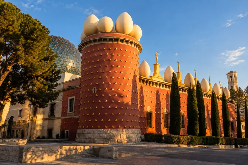 Red facade of the Salvador Dalí Museum in Figueres topped with giant eggs