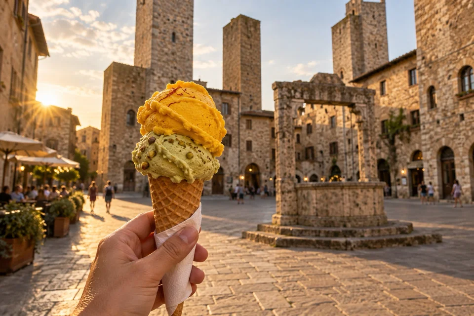 Pistachio gelato cone held up before the stone towers on Piazza della Cisterna in San Gimignano