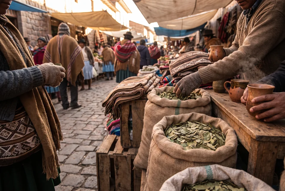 Sacks of coca leaves and cups of coca tea at San Pedro Market, visualization