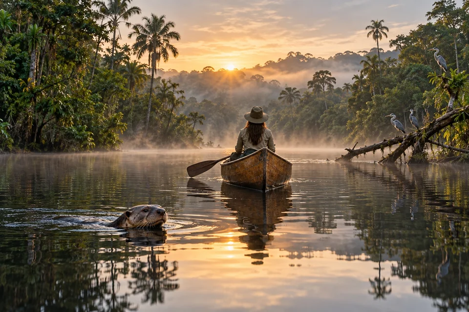 Wooden canoe on a calm rainforest lake with a giant otter; visualisation