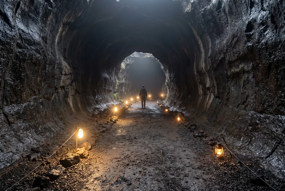 Lamp-lit underground lava tunnel on Santa Cruz island, visualization