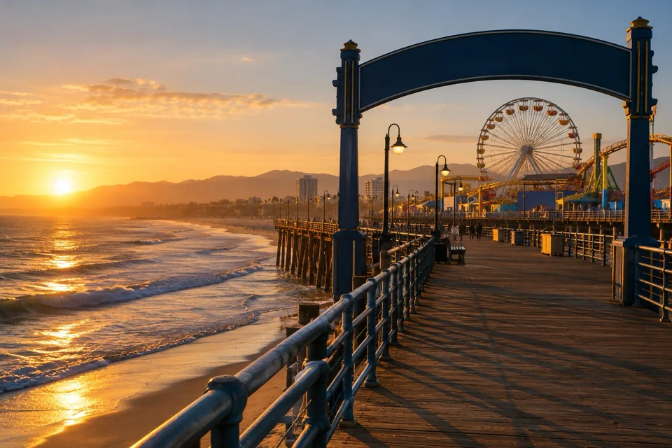 The Santa Monica Pier arch, Ferris wheel and Pacific coast at sunset, visualization