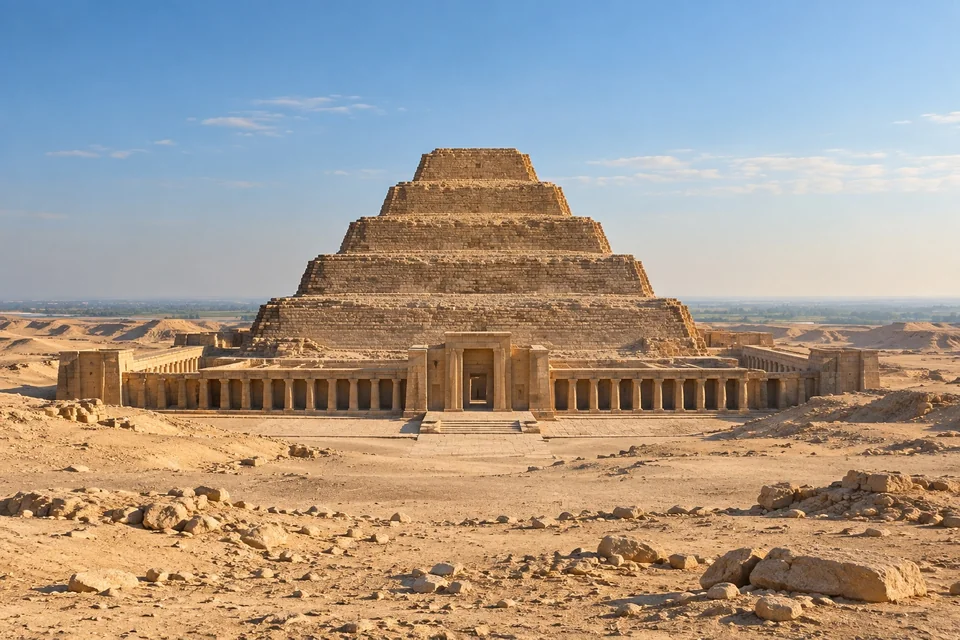 Six-tiered step pyramid on a desert plateau; visualisation