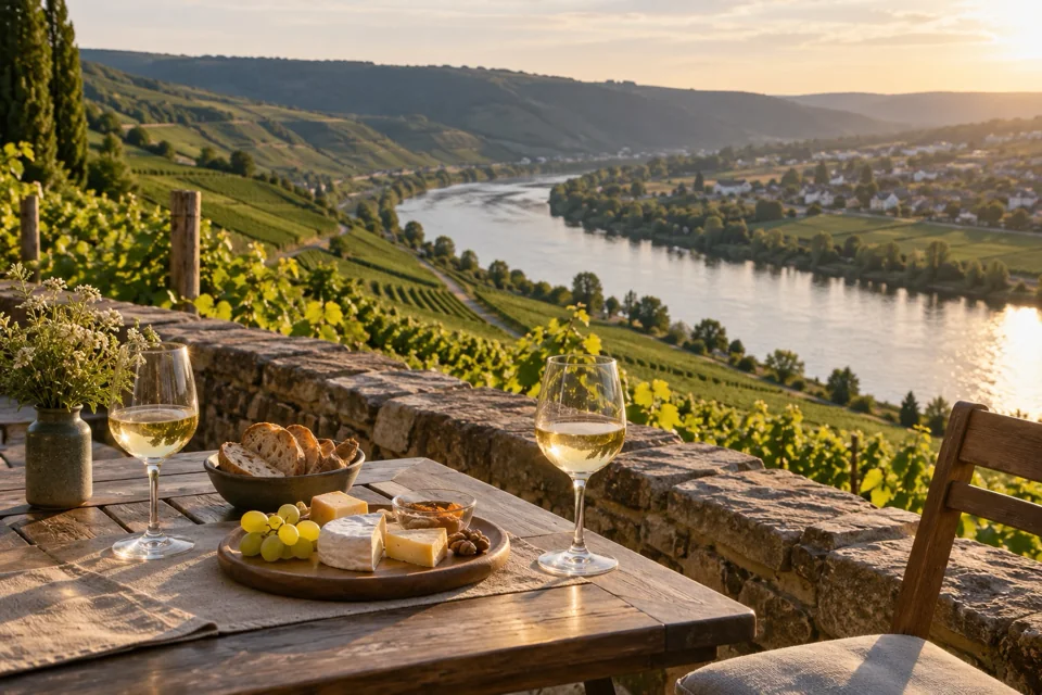 White wine and a cheese plate on a terrace above the Moselle vineyards in Schengen, visualization