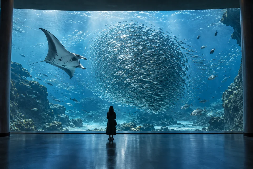 Floor-to-ceiling aquarium window with a swirling school of fish and a manta ray; visualisation