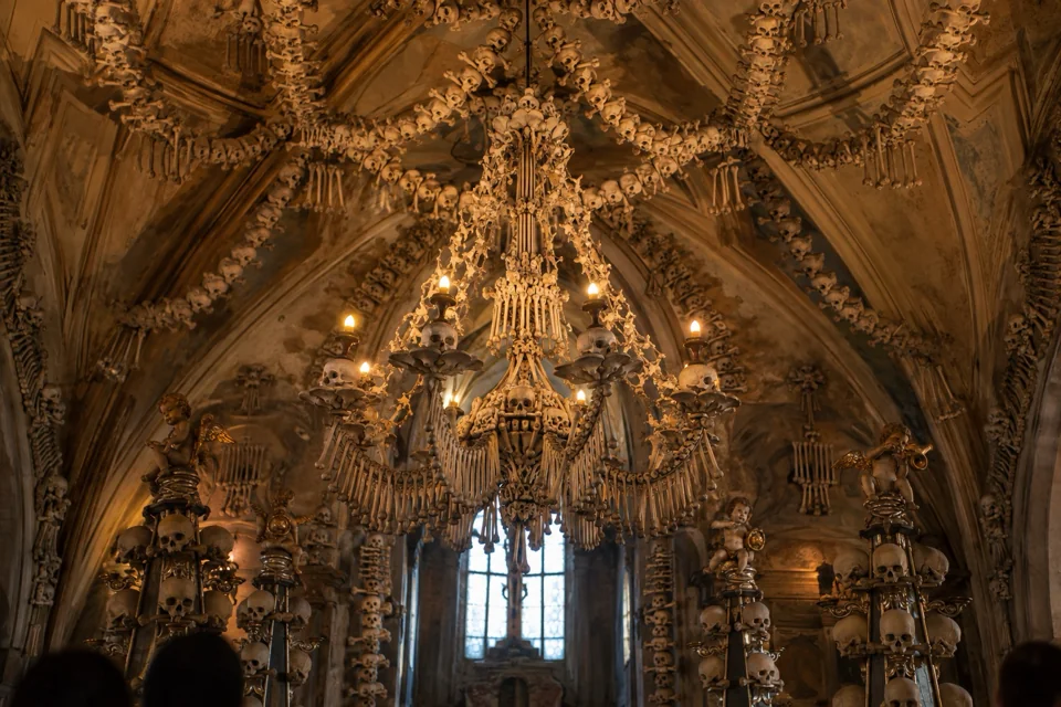 Chandelier and garlands made of human bones in the Sedlec Ossuary at Kutna Hora