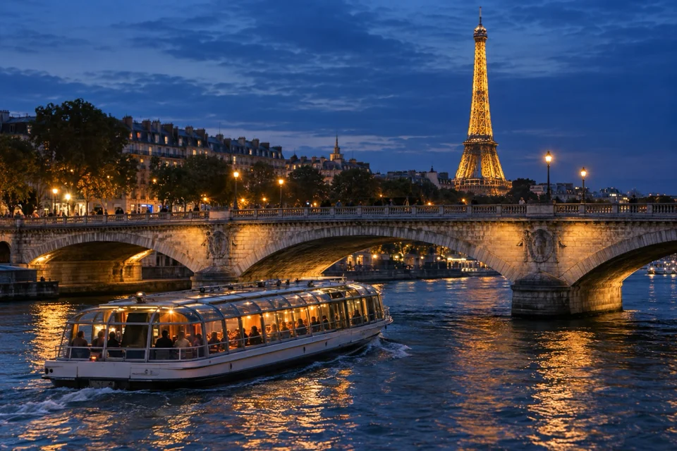 Sightseeing boat passing under a stone bridge on the Seine in Paris, Eiffel Tower lit beyond