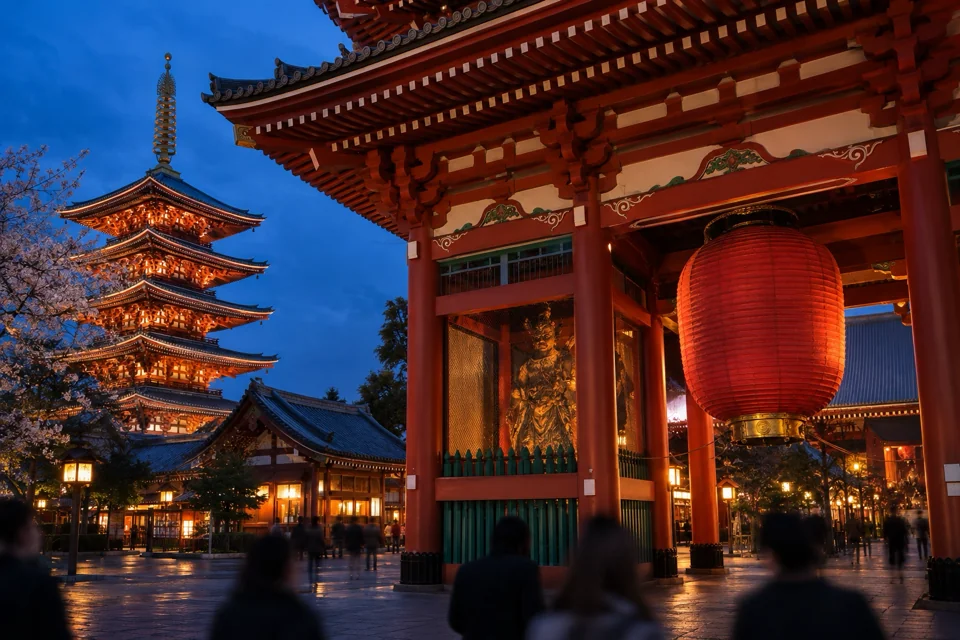 Kaminarimon gate of Senso-ji Temple in Asakusa, its giant red lantern and the five-storey pagoda