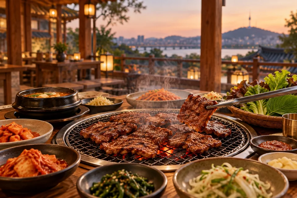 Korean barbecue grill with sizzling meat and side dishes; visualisation