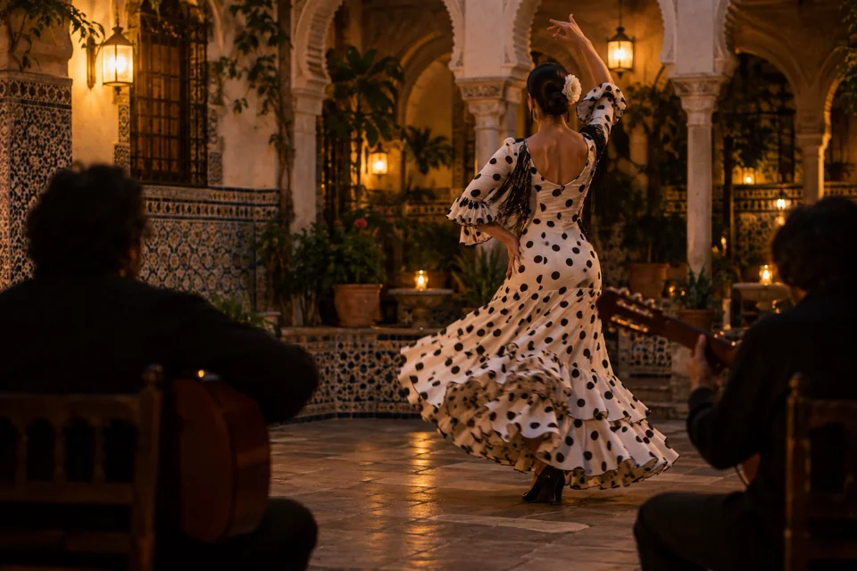 Flamenco dancer spinning in a polka-dot dress in a tiled arched courtyard in Seville, with two guitarists