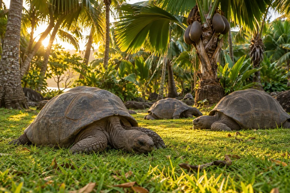 Giant Aldabra tortoises resting under the palms at the Seychelles Botanical Gardens
