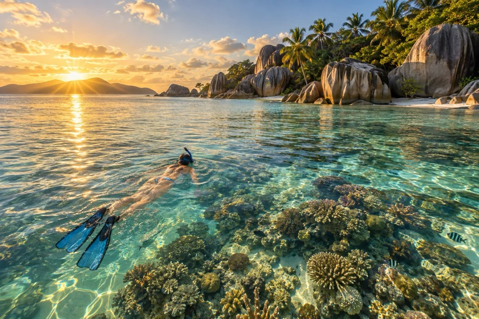 Snorkeller in turquoise water above a coral reef in the Seychelles