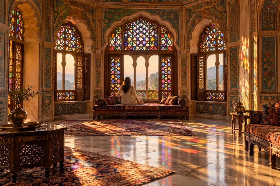 Wooden lattice windows with coloured glass casting light into a painted room; visualisation