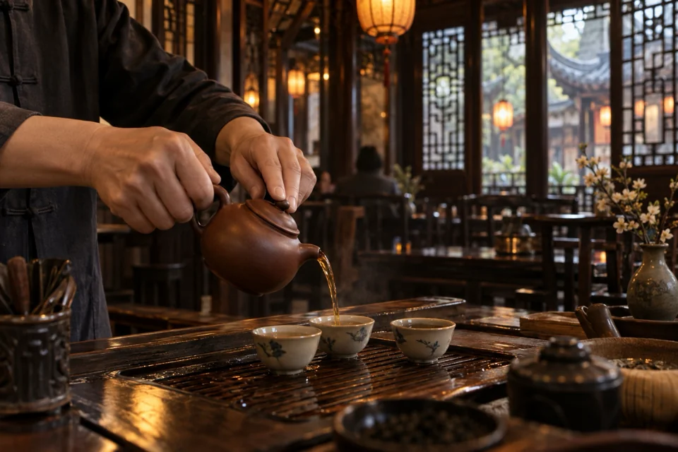 Oolong poured from a Yixing pot into small cups in a Shanghai teahouse with latticed wooden windows