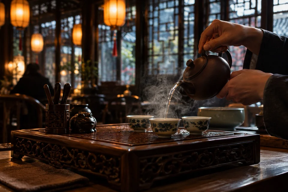 Gongfu tea ceremony on a carved wooden tray with a steaming pot in a traditional Shanghai teahouse