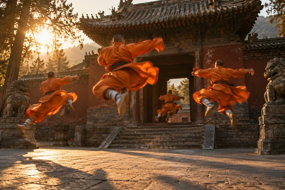Monks in orange robes performing Kung Fu in front of Shaolin Temple, blurred with motion
