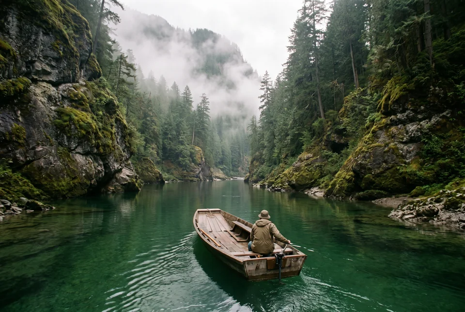 Small boat on green water in the misty Shennv Stream gorge, visualization