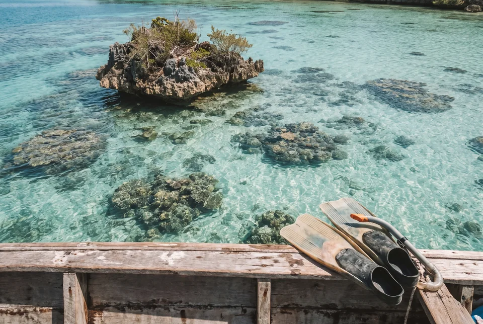 Turquoise lagoon with coral reef and snorkel gear off Shimizu Island, visualization