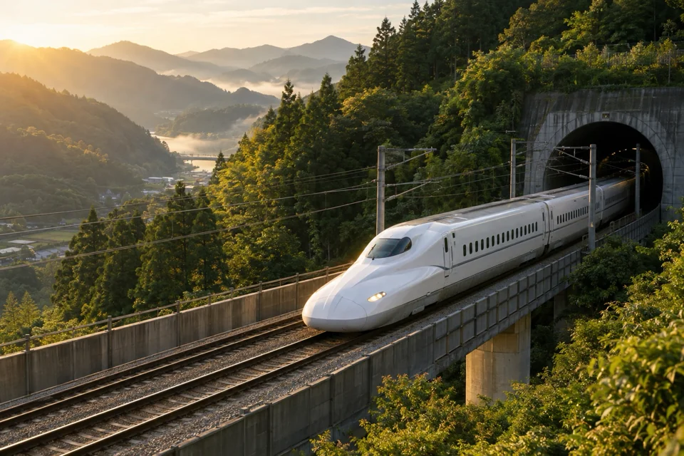 Shinkansen bullet train emerging from a forested mountain tunnel into morning sun in Kyushu