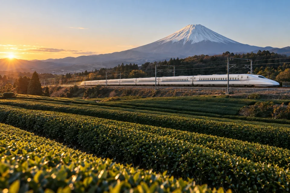 Shinkansen bullet train passing tea fields below a snow-capped Mount Fuji