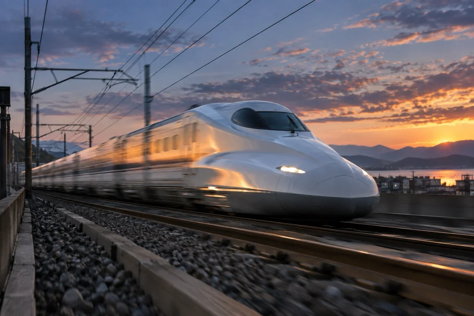Aerodynamic nose of a Shinkansen bullet train passing at 300 kilometres an hour