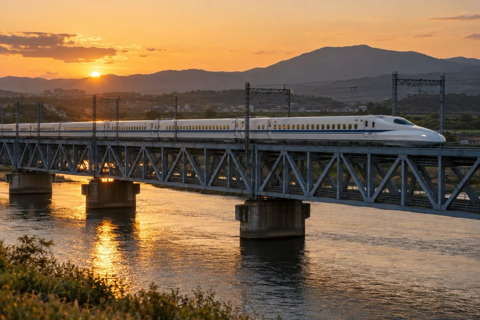 Shinkansen bullet train crossing a steel river bridge at sunset