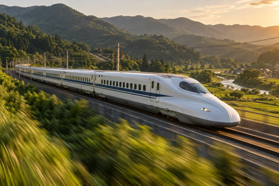 Shinkansen bullet train speeding between green hills in golden hour light