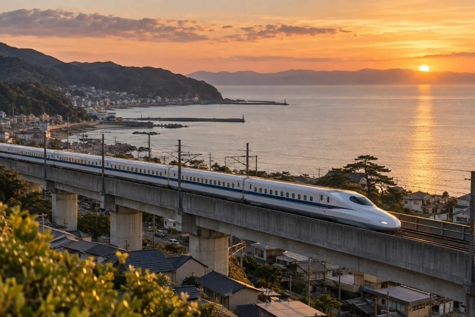 Shinkansen bullet train on a viaduct above a coastal town in evening light