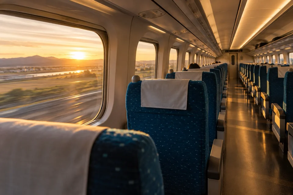 Wide Shinkansen carriage with blue seats and scenery streaming past the windows