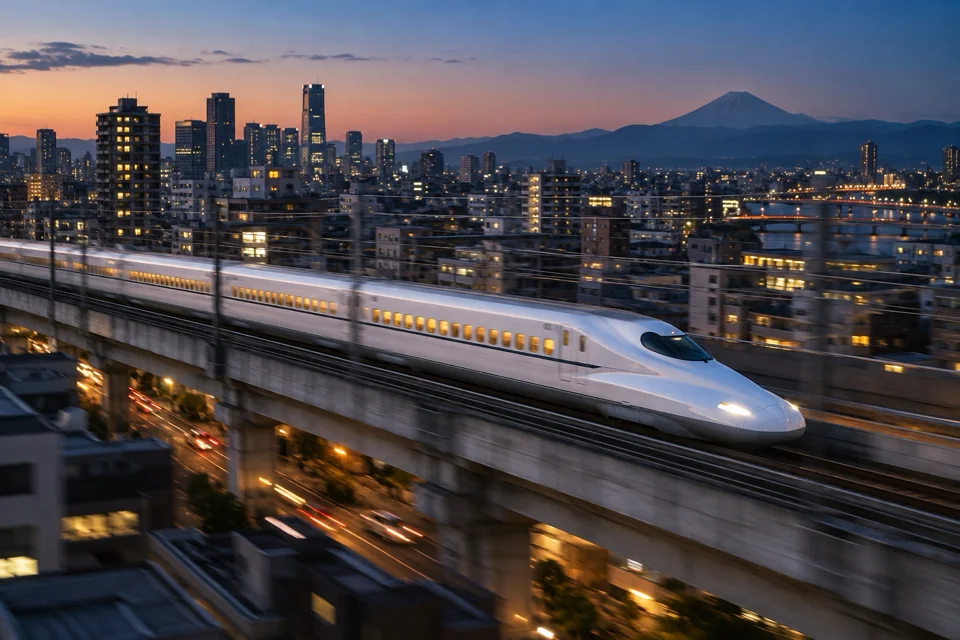 Shinkansen bullet train running on a track above city lights at dusk