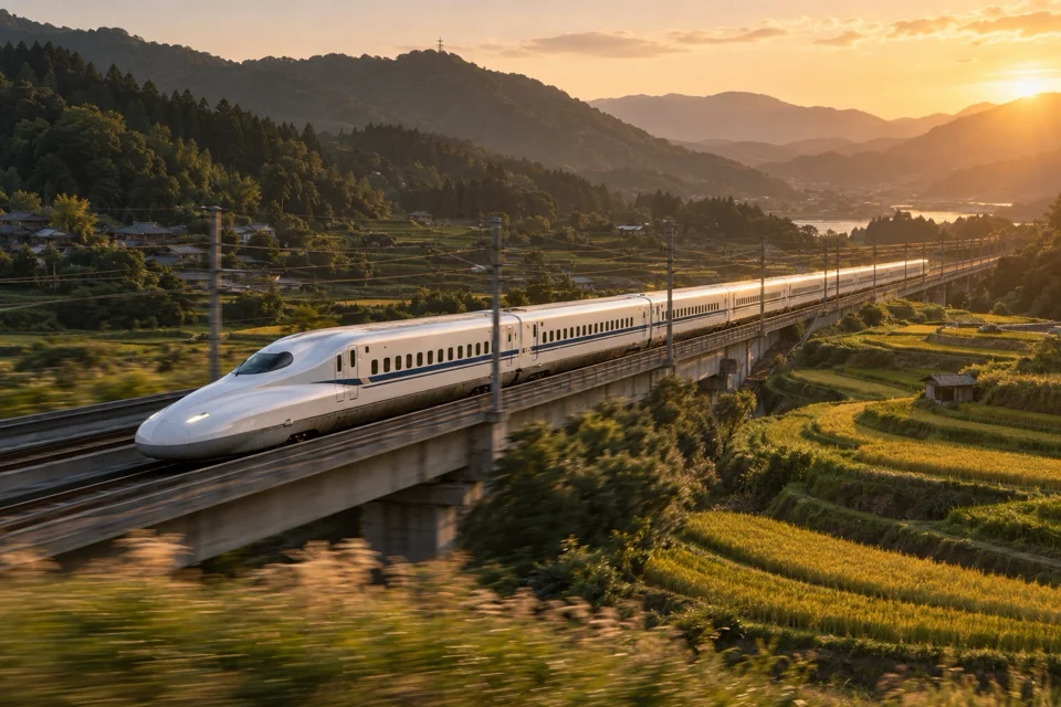 Shinkansen bullet train passing terraced rice fields in western Japan