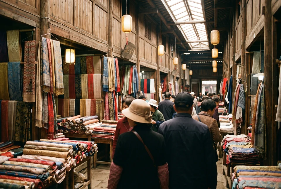 Rolls of silk fabric, scarves and lanterns in a covered silk market, Beijing, visualization