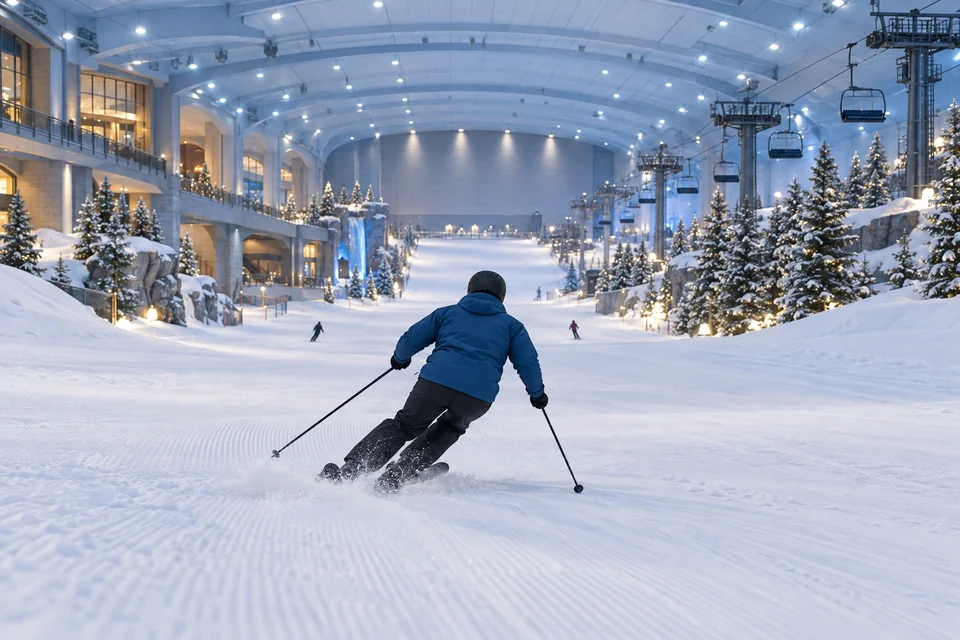 Skier on a snowy indoor slope under an enclosed arched roof, from behind; visualisation