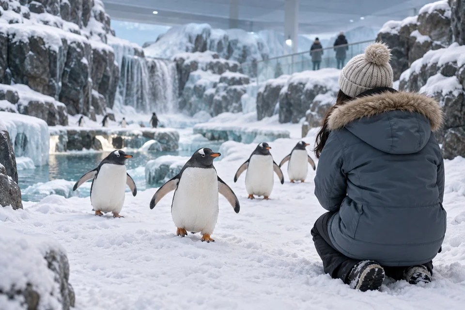 Penguins waddling on snow in an indoor snow park; visualisation