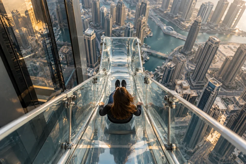 Transparent glass slide on the outside of a skyscraper high above the city; visualisation