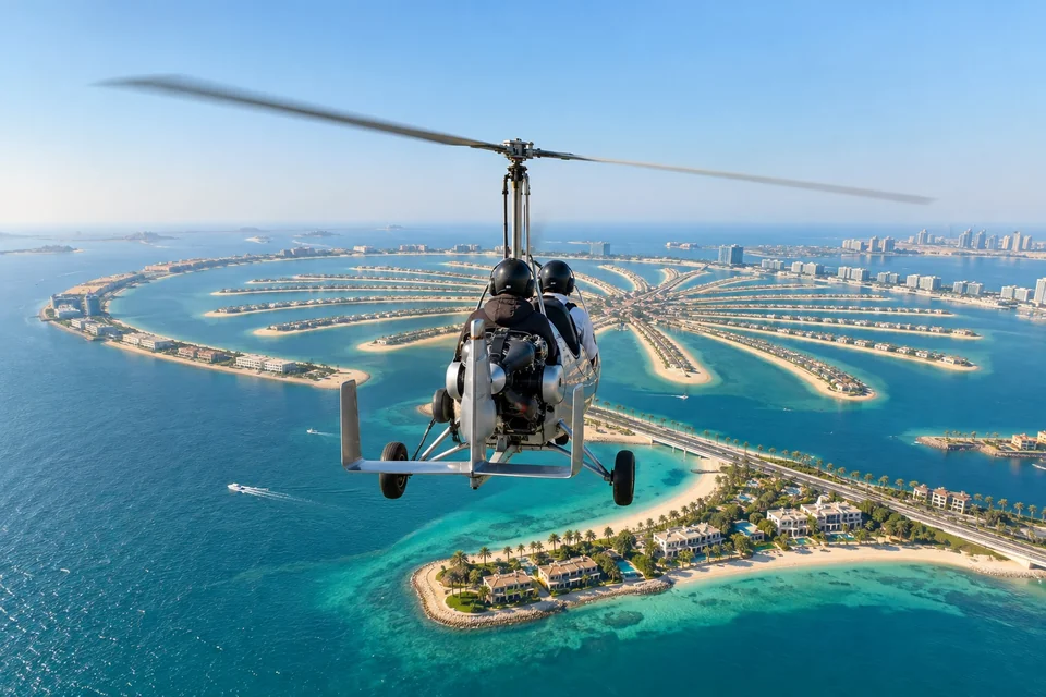 Two-seater gyrocopter flying over a palm-shaped island; visualisation