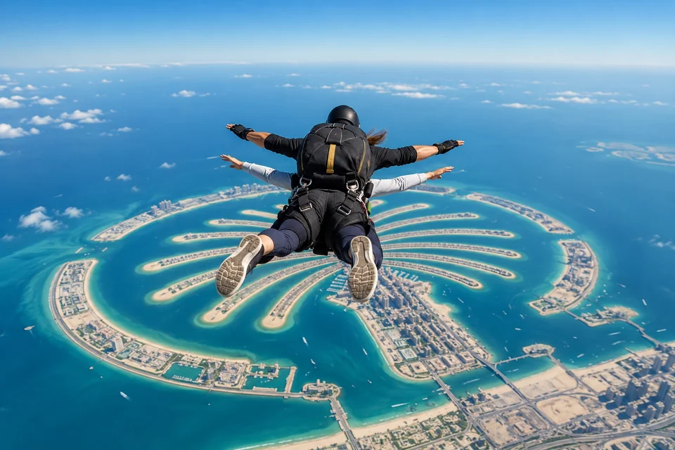 Tandem skydivers in free fall above a palm-shaped island; visualisation