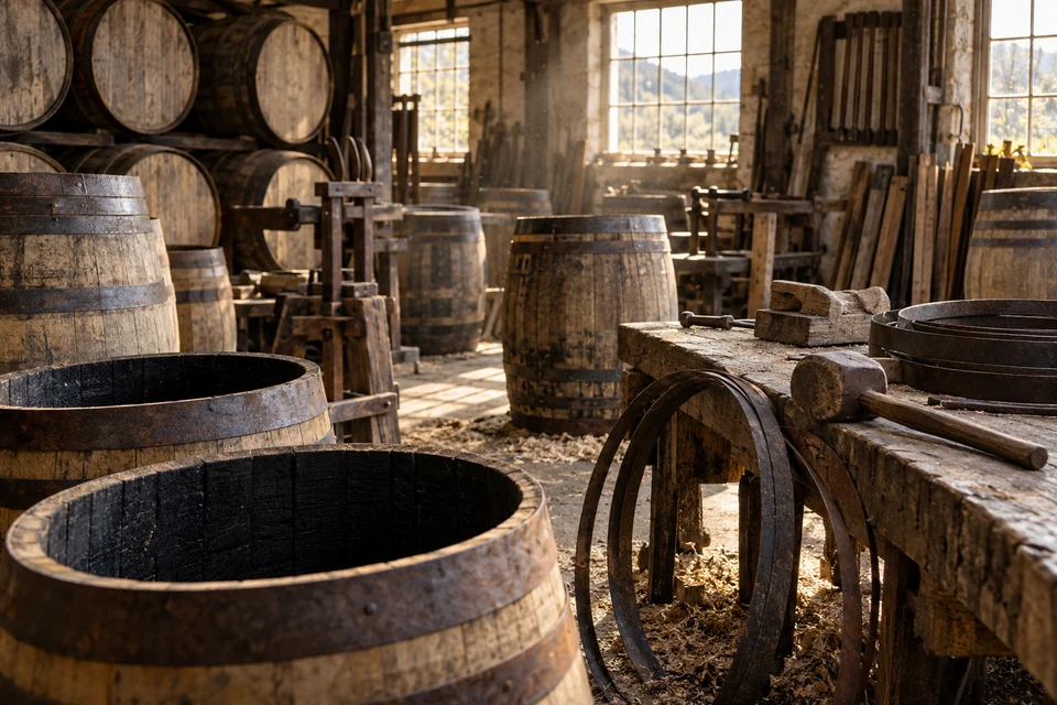Oak casks, iron hoops and hand tools in a Speyside cooperage workshop