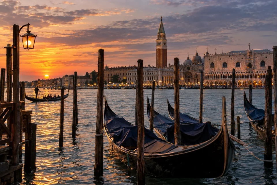 Arriving in Venice by water bus across St Mark's lagoon, gondolas and the Doge's Palace