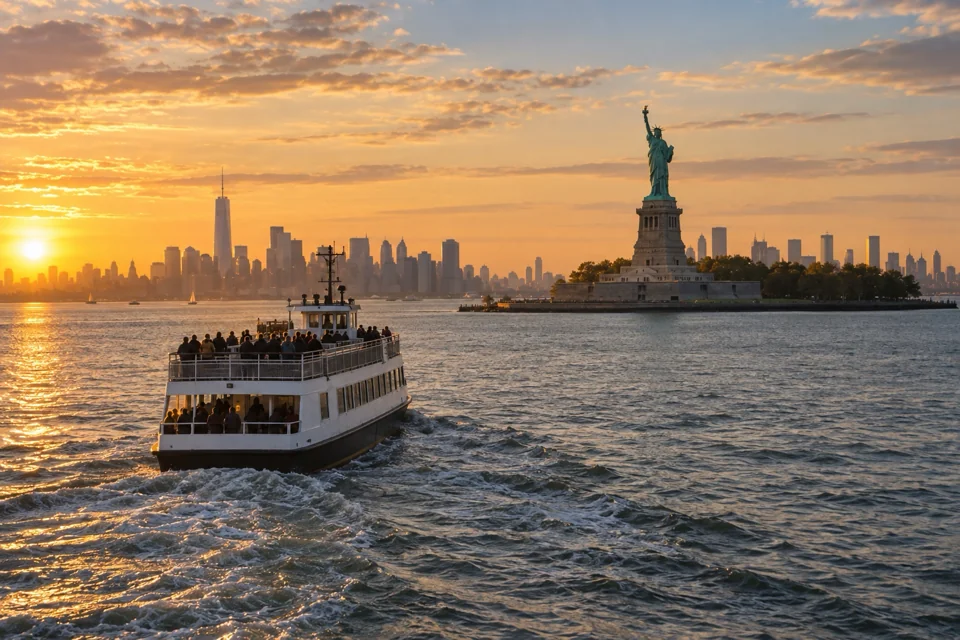 Ferry crossing New York harbour to the Statue of Liberty on Liberty Island