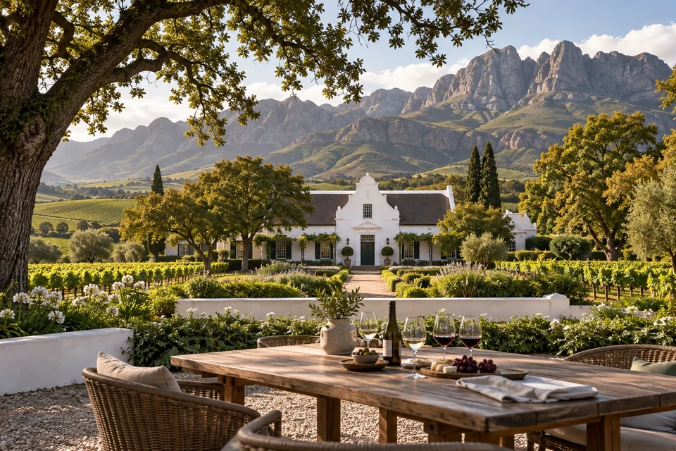 White gabled manor among vineyards with a tasting table; visualisation