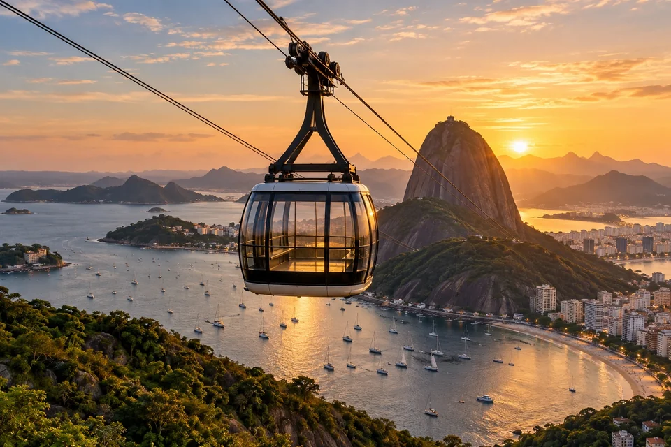 Cable car cabin over a boat-dotted bay toward a granite peak; visualisation