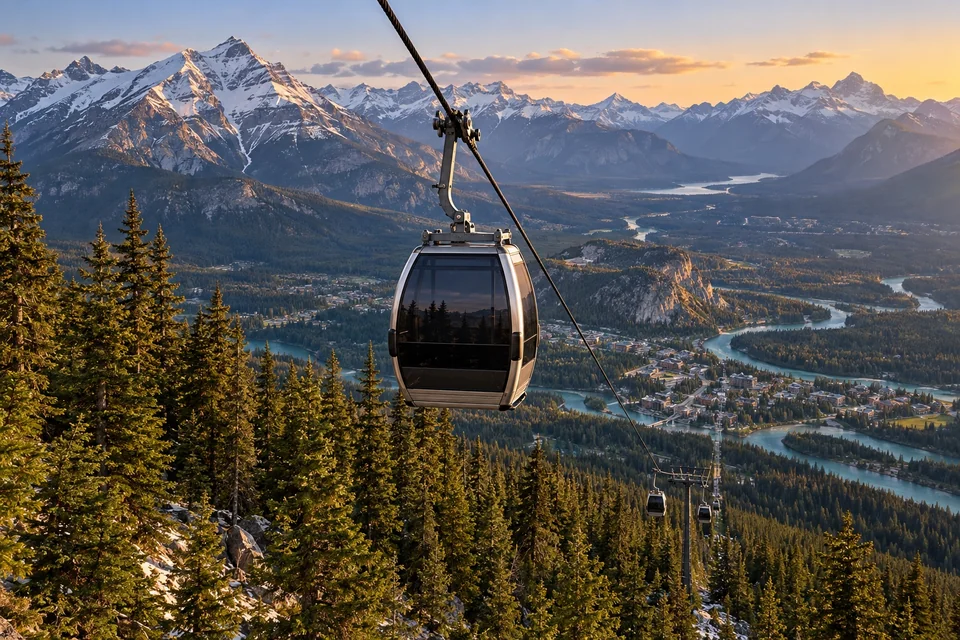 Gondola rising above a turquoise river valley and alpine town; visualisation