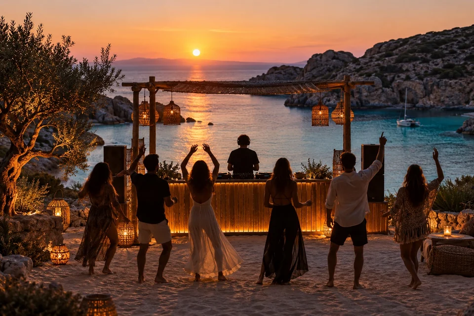 Sunset beach party with dancing silhouettes before a DJ booth; visualisation