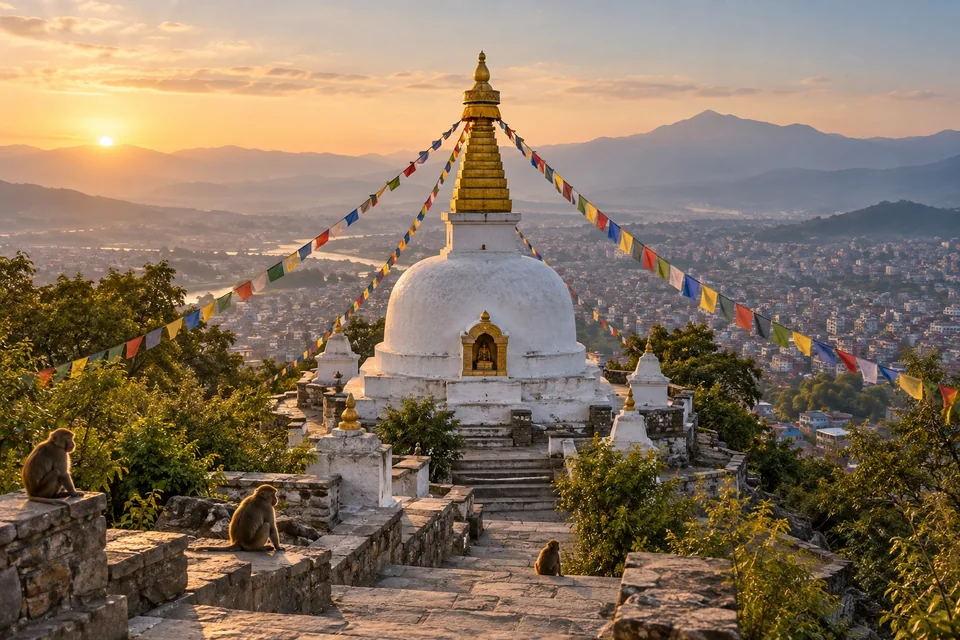White hilltop stupa with prayer flags and macaques above a valley; visualisation
