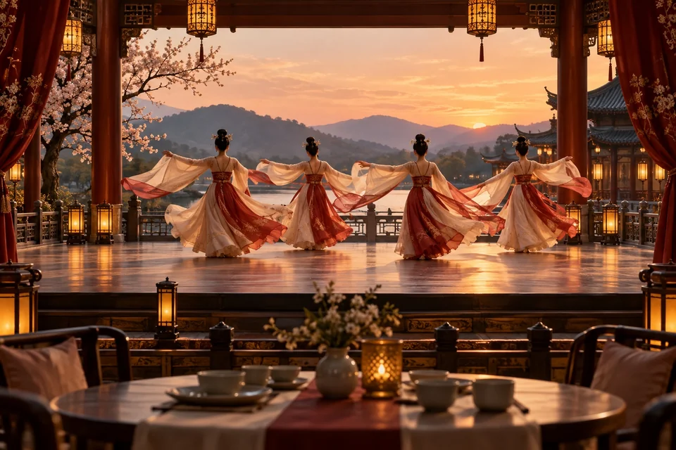 Dancers in flowing silk robes on a red and gold palace stage; visualisation