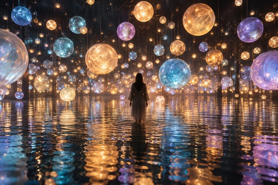 Thousands of luminous spheres reflected in a shallow water floor; visualisation