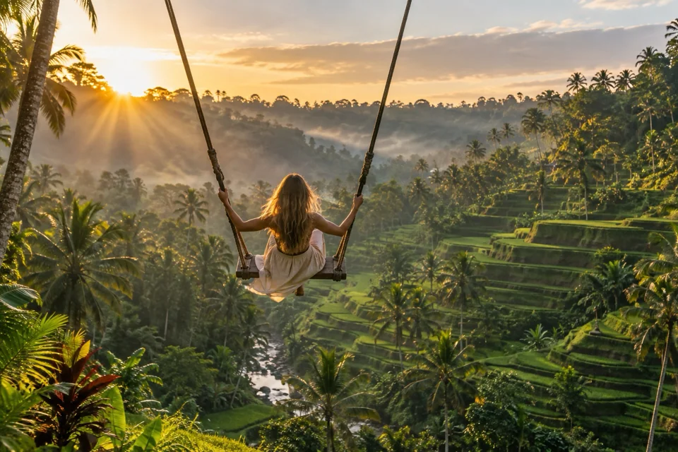 Someone flying on the giant swing above the Tegalalang rice terraces, seen from behind
