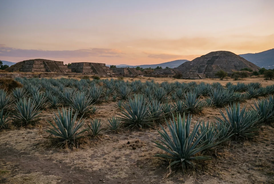Blue agave field at sunset in front of the Teotihuacan pyramids, visualization